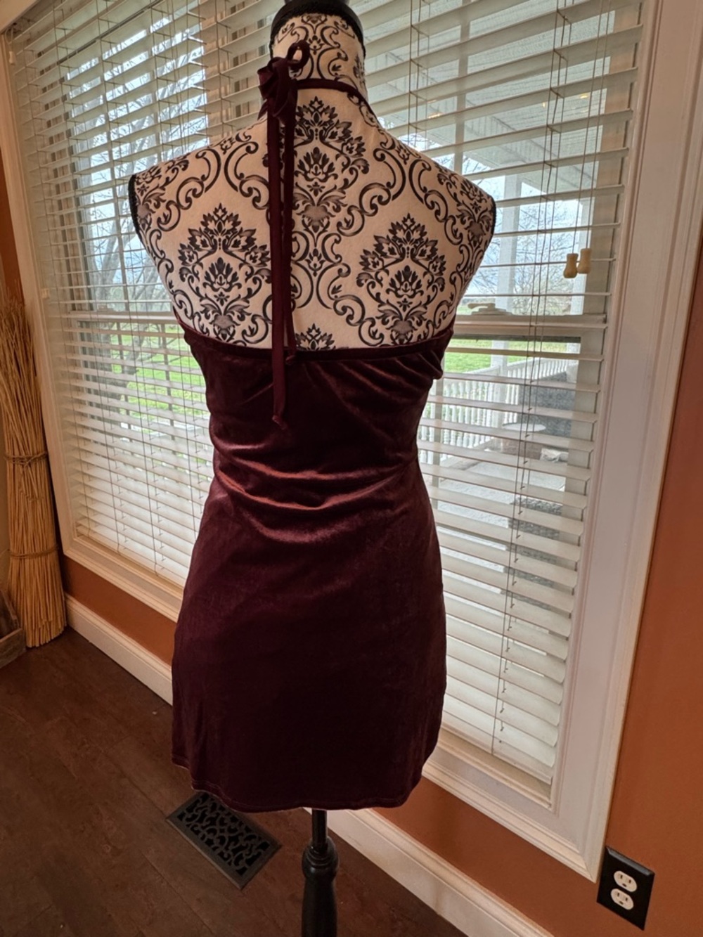 Burgundy Velvet Halter Mini Dress Size Small | Holiday Party - Picture 6 of 7